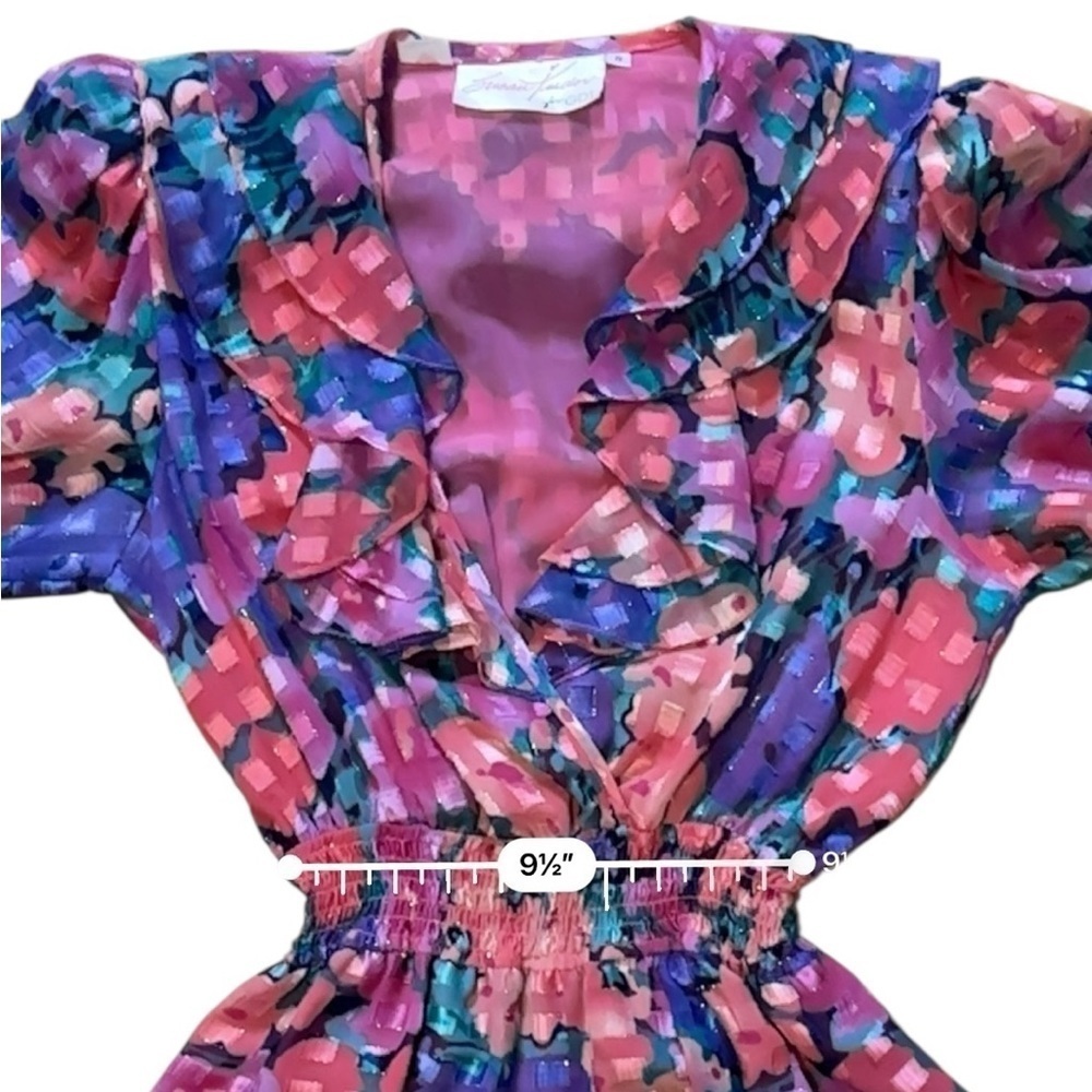 VINTAGE 80's Susan Tudor Pink Floral Midi Dress Pleated Cottagecore Ruffle S - Picture 12 of 14